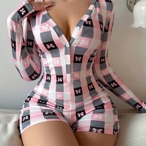 Chic Pink and Black Plaid Women's Pajama Romper